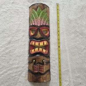 Handcrafted Tiki Mask Wall Decor - Brown, Pink, Green Hand Carved Wooden